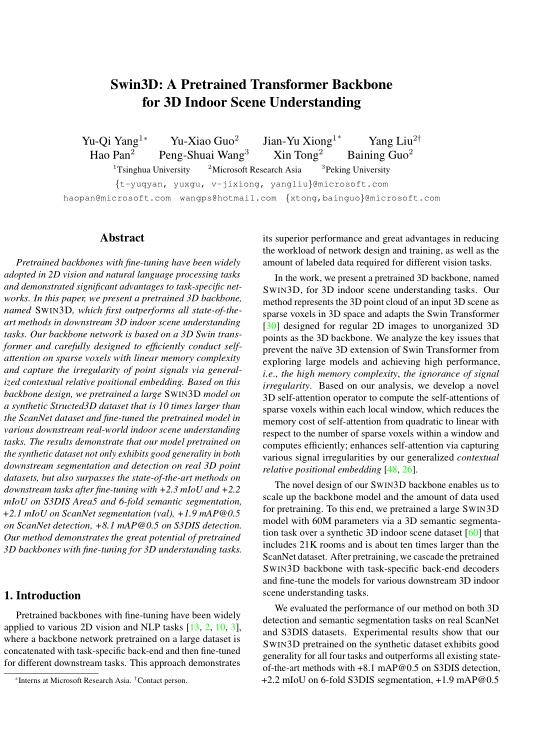 Swin3D：一個用于3D室內(nèi)場景理解的預(yù)先訓(xùn)練的Transformer主干  PDF 下載 圖1